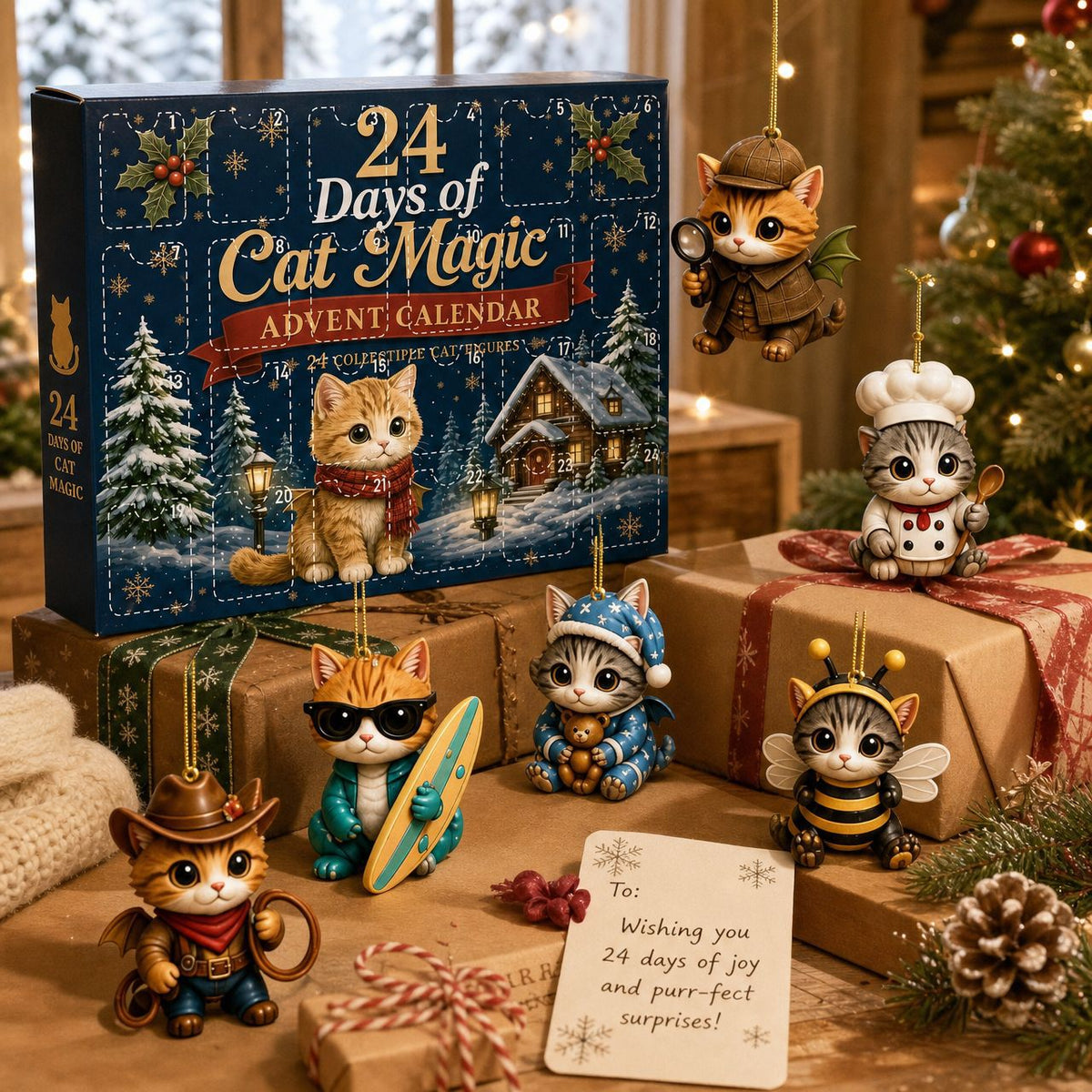 Adventskalender met kattenengeltjes en acryl kersthangers