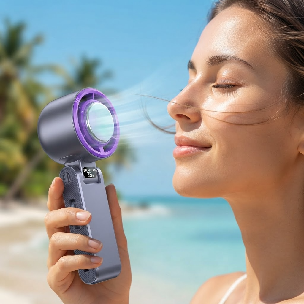 BreezePro Draagbare Handventilator met Koelplaat – 199 Standen & Oplaadbaar